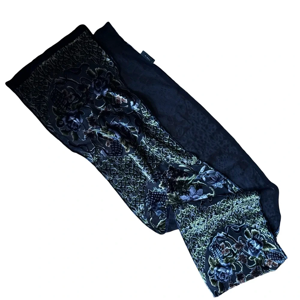 Cejon Dark Floral Velvet Silk Whimsigoth Burnout Fairy Romantic Scarf 7.5x56